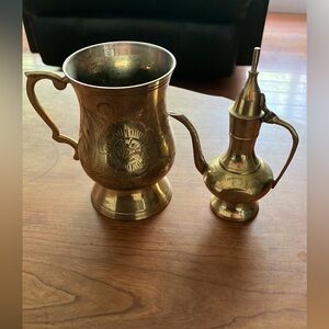 Vintage Brass Dallah coffee pots and brass cup purchased in Saudi